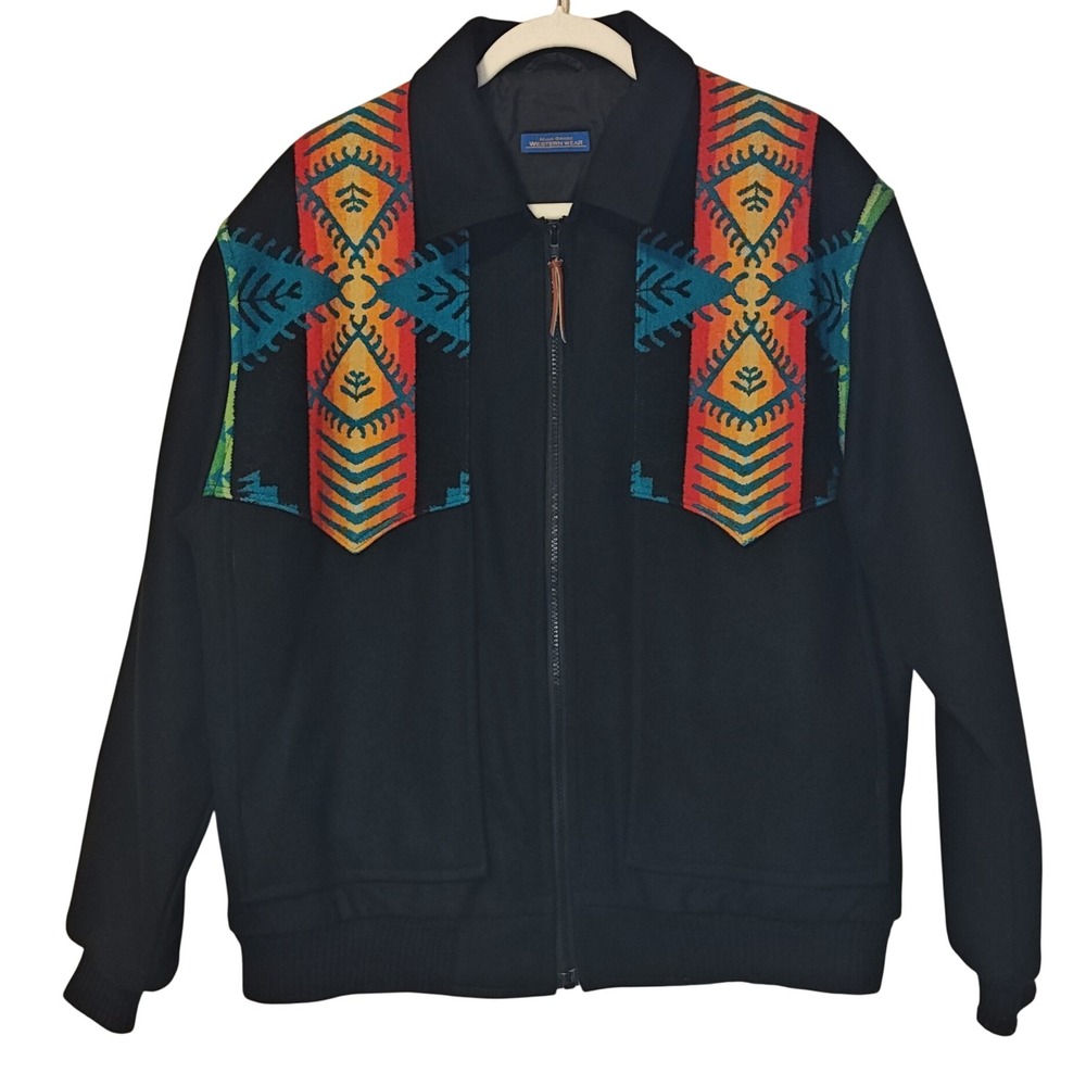 VTG Pendleton High Grade Western Wear Jacket Mens L Black Southwest Aztec Bomber